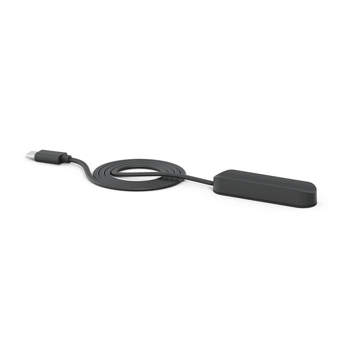 Black USB cable with a rectangular connector on a white background