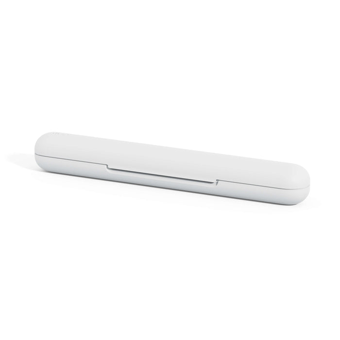 A sleek, translucent white travel case designed for the quip Ultra Smart Sonic Toothbrush, featuring a snap closure and flat bottom.